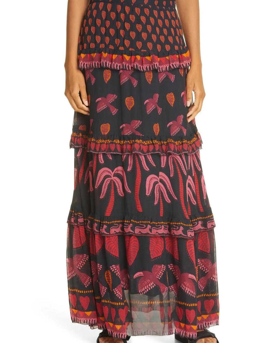 FARM RIO Women's Black & Pink Tiered Maxi Skirt - Picture 2 of 15